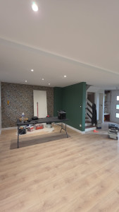 Photo de galerie - Préparation des murs, enduit, ponçage, peinture des murs et plafonds, pose de sol. Chantier réalisé avec des finitions propres et un résultat durable.