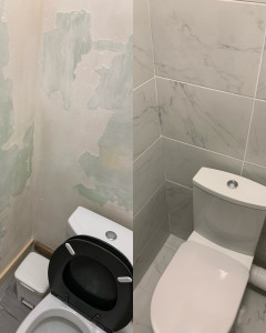 Photo de galerie - Remplacement WC + carrelage sol + faïence imitation marbre 