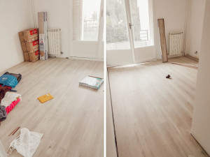 Photo de galerie - Pose de parquet réalisée avec précision. Sol propre, finition soignée et alignement parfait pour un rendu professionnel.