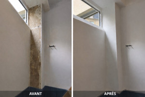 Photo de galerie - Avant / Après rénovation murale ✨ Préparation, rebouchage, ponçage et peinture pour un résultat propre et durable. Intervention soignée — devis gratuit.