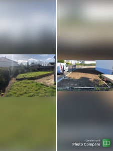 Photo de galerie - Arrachage haie de troène / apport de terre végétale / pose de clôture panneaux soudées avec plaques de soubassements et engazonnement 