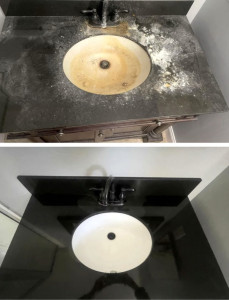 Photo de galerie - Nettoyage et détartrage complet d’un lavabo et plan de travail. Élimination des traces, calcaire et saletés pour un résultat brillant et impeccable.