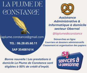 Photo de galerie - La Plume de Constance aide administrative à domicile et numérique secteur Obernai.
 Déclarée SAP avantage fiscal paiement possible en chèque CESU préfinancé, virement , CB