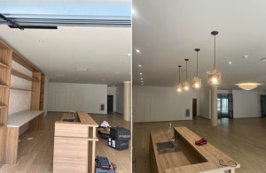 Photo de galerie - Création d’un circuit électrique dédié pour les suspensions, avec tirage et raccordement des alimentations, création des points de sortie au plafond, pose et raccordement des suspensions, puis mise en service et essais d’éclairage

