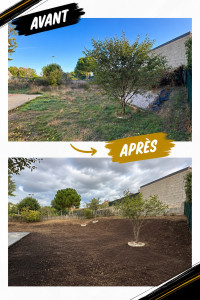 Photo de galerie - Remise en état complète d’un jardin : débroussaillage, taille des arbres et arbustes, nettoyage du terrain, préparation du sol et semis de gazon.
