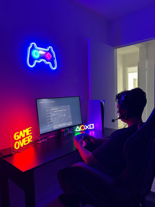 Photo de galerie - Installation et aménagement d’un espace gaming avec éclairage LED et équipements multimédias.