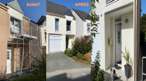 Photo de galerie - Rénovation d'une façade de maison :
- Mise en place protection sol et montage échafaudage 
- Lessivage de la façade avec produit adapter + rinçage
- Mise en oeuvre d'une peinture plastifier 