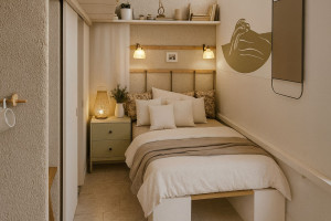 Photo de galerie - Agencement du studio avec fresque murale du Garlaban 