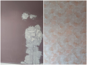 Photo de galerie - Rafraîchissement mur - Pose papier peint 
Avant ---> Après 