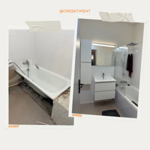 Photo de galerie - Rénovation complète d’une salle de bain : dépose, traitement des murs, reprise de la tuyauterie, pose du carrelage et installation des meubles.  Un espace entièrement rénové, moderne et fonctionnel !