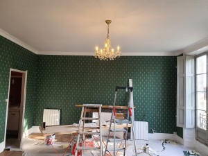 Photo de galerie - Préparation des murs et plafonds 
Pose de corniche 
Pose de papier peint 