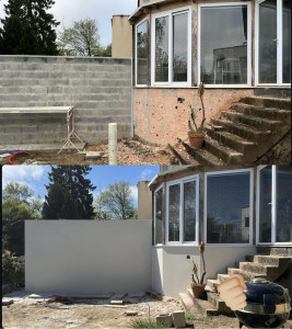 Photo de galerie - Rénovation muret , enduit de finition projeter et gratter 