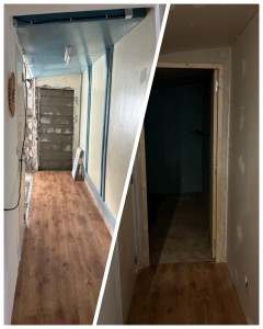 Photo de galerie - Réalisation d’une cloison en placo et installation d’une porte pour la future salle de bain.
