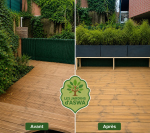 Photo de galerie - Création d une structure en bois puis implantation de bambous en jardinières pour cacher la vue.