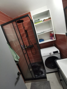 Photo de galerie - Remplacement baignoire par douche 
Creation réseau plomberie/ électricité 
carrelage mur / sol 
Enduit/ peinture