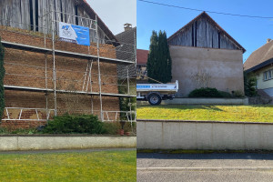 Photo de galerie - Avant /Après chaînage en béton pose des couvertines en terre cuite et enduit à la chaux en trois étapes .