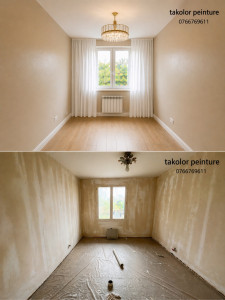 Photo de galerie - Rénovation complète de chambre : préparation des murs, enduit, ponçage et peinture finition propre et moderne