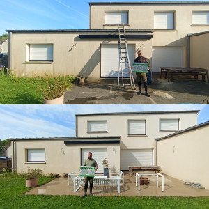 Photo de galerie - Traitement d'une façade qui était contaminée par les végétaux parasites suivi d'un produit rémanent qui est destiné à rester sur le support pour  éviter toute rechute de contamination le produit c'est office de bouclier de 3 à 5 ans