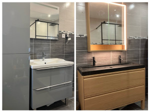 Photo de galerie - Dépose d’un meuble salle de bain, lavabo + miroirs avec lumière intégrée.  Installation meuble + double vasque avec miroir éclairage led. 