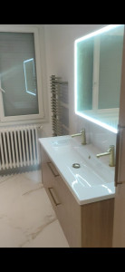 Photo de galerie - Mise en place d'un meuble vasque
Robinetterie 
Miroir
Radiateur 