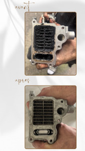 Photo de galerie - Nettoyage et débouchage d’un refroidisseur EGR encrassé. Avant : refroidisseur fortement obstrué par les dépôts de calamine. Après : conduit nettoyé et débit rétabli.