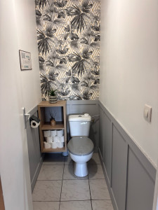 Photo de galerie - Rénovation wc. création d’un soubassement, peinture et pose de papier peint