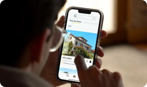 Photo de galerie - Un utilisateur, assis dans un canapé, tient un smartphone affichant l'application Ideeri pour faire une recherche immobilière. L'écran montre des biens immobiliers.