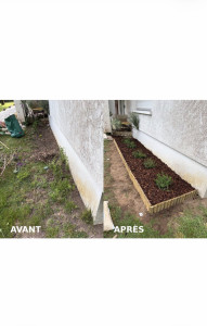 Photo de galerie - Création de massif et plantation d’arbustes  Remise en état d’un espace le long de la maison ✔️ Préparation du sol ✔️ Plantation de millepertuis ✔️ Mise en place d’un paillage décoratif ✔️ Pose de bordures bois ✔️ Nettoyage et évacuation des déchets ✔️