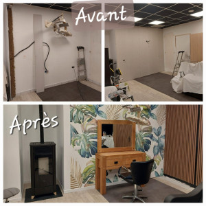 Photo de galerie - Rénovation sallon de coiffure, pose isolation placo, peinture et décoration tapisserie 