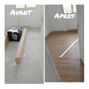 Photo de galerie - Pose d'un parquet stratifié avec plinthe et barre de seuil 