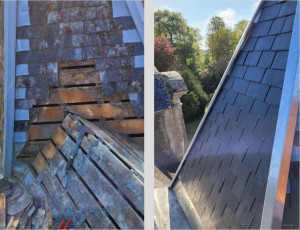 Photo de galerie - Rénovation de toiture : ancienne couverture déposée, noue réparée et finition propre après intervention. Résultat final soigné