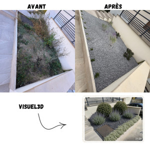 Photo de galerie - Désherbage et réaménagement du massif avec plantation d’un couvre-sol végétal.  Un jardin plus propre et harmonieux, tout en valorisant les arbustes existants.  Un visuel 3D réalisé en amont pour se projeter dans le résultat final !