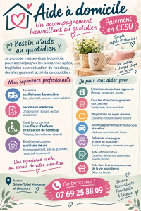 Photo de galerie - ? AIDE À DOMICILE – PAIEMENT CESU

Besoin d’aide au quotidien ?

Je propose mes services à domicile pour accompagner les personnes âgées, fragilisées ou en situation de handicap, dans les gestes et activités du quotidien.

?‍⚕️ Une expérience profession