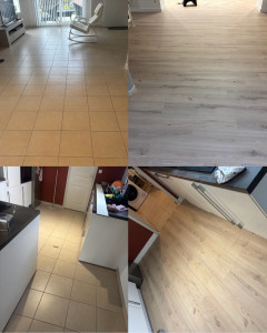 Photo de galerie - Pose de parquet stratifiée, pose de sur plinthes et quart de rond autour des meubles de cuisine, joint de finition blanc 