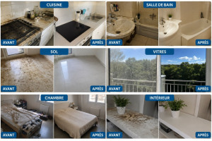 Photo de galerie - Avant / Après d'un nettoyage complet réalisé avec soin : cuisine, salle de bain, sols, vitres et pièces de vie. Résultat impeccable après une intervention en profondeur. Travail minutieux, sérieux et soigné.