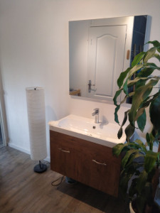 Photo de galerie - Rénovation complète d'une salle de bain avec installation d'une baignoire balnéo, création d'un coffre, installation de meuble avec vasque, modification du réseau électrique.