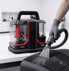 Photo de galerie - Shampouineuse portable Valberg SP3 (dispo à la location) pour nettoyage en profondeur des textiles : sièges auto, canapés, tapis et moquettes. Élimine les tâches et rafraîchit les tissus efficacement. Fournie avec ses embouts de nettoyage.