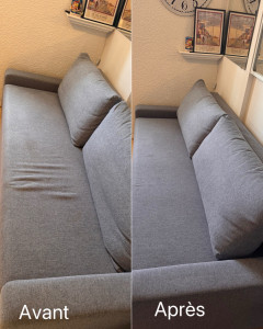 Photo de galerie - Avant/Après d’un canapé avant la mise en location saisonnière 