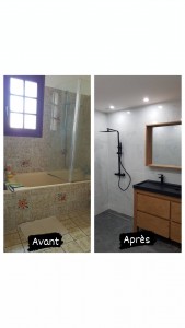 Photo de galerie - Rénovation salle de bain : douche italienne, carrelage, montage, placo avec spots.
