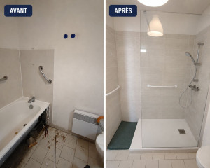 Photo de galerie - Remplacement de la baignoire par une douche pour une dame âgée, mise en place de barrière de maintien ainsi qu'un mitigeur thermostatique pour un réglage de température précis 