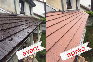 Photo de galerie - Nettoyage et traitement d’une toiture avec produit professionnel, curatif et préventif