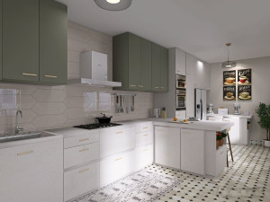 Photo de galerie - Design 3D d'une cuisine en longueur, plan de travail prolongé en comptoir — quand le manque de place devient une idée déco.