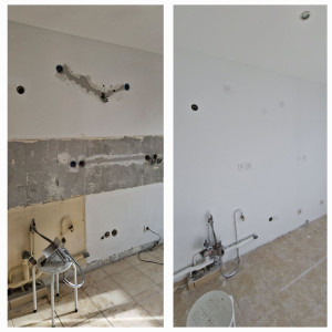 Photo de galerie - Création de nouvelles prise dans une cuisine, sur un mur béton 
