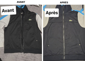 Photo de galerie - AVANT / APRÈS – Remplacement de fermeture éclair
Remplacement de la fermeture éclair sur une veste Lacoste. Une nouvelle fermeture éclair pour une finition plus propre et un vêtement remis en état.