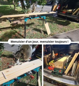 Photo de galerie - L'atelier mobile est de sortie et le chantier s'installe en plein air ! 
​Entre les planches de bois, la scie à onglet installée et l'utilitaire rempli d'outils et de matériel prêt à servir, tout est paré pour transformer vos projets en réalité !