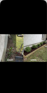 Photo de galerie - Création de massif et plantation d’arbustes  Remise en état d’un espace extérieur ✔️ Préparation du sol ✔️ Plantation d’hortensias ✔️ Mise en place d’un paillage décoratif ✔️ Pose de bordures bois ✔️ Nettoyage et évacuation des déchets ✔️