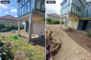 Photo de galerie - Intervention pour remettre en état une partie du terrain : nettoyage, travail du sol et préparation de la surface afin de retrouver un espace plus propre et agréable.