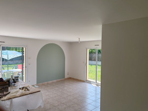 Photo de galerie - Remise en peinture murs, plafonds et portes du salon, cuisine et couloir.