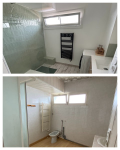 Photo de galerie - Ancienne salle de bain vieillissante entièrement rénovée :
dépose des équipements, nouvelle douche à l’italienne, carrelage mural style zellige, revêtement sol imitation bois, peinture et aménagement fonctionnel.
Un espace moderne, pratique et esthétique.