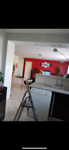 Photo de galerie - Plafond salon et cuisine accompagné d’une peinture rouge sur deux murs et d’un gris clair pour la cuisine . 